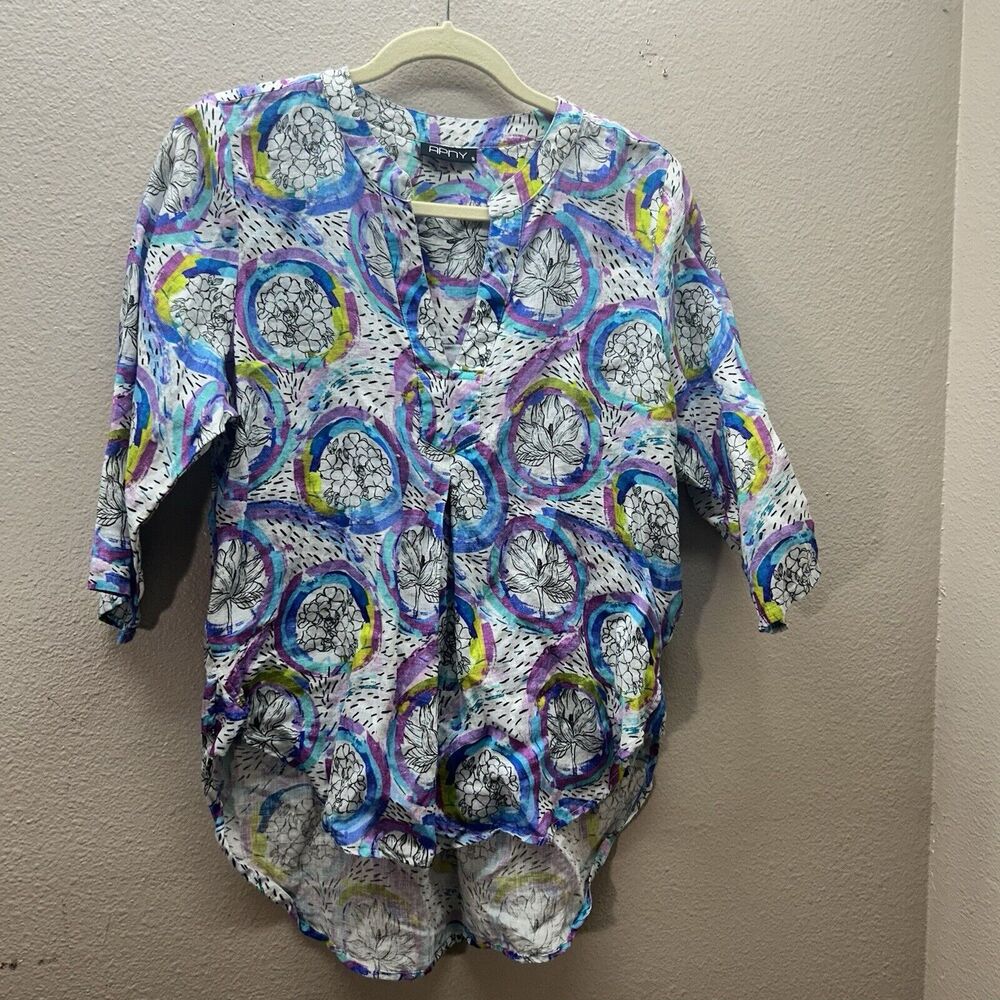 APNY 100% Linen V Neck Top Sz S Wearable Art To Wear Floral Abstract Artsy‎